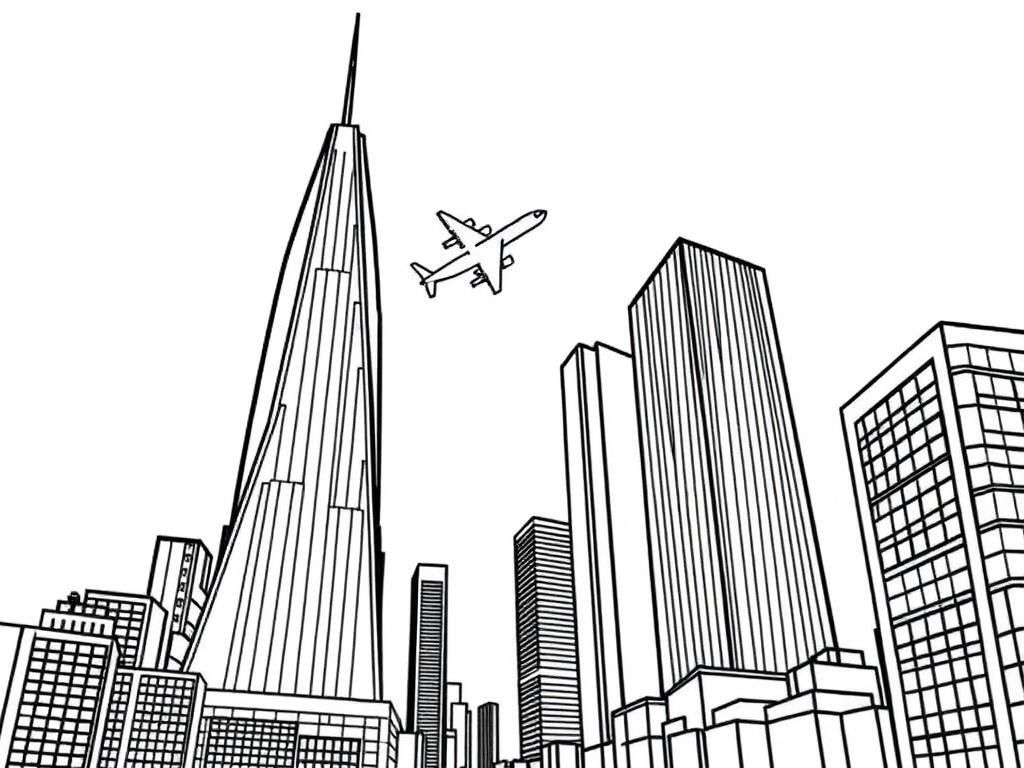 Preview of Two skyscraper towers in a cityscape. An airplane flying towards one of the towers.