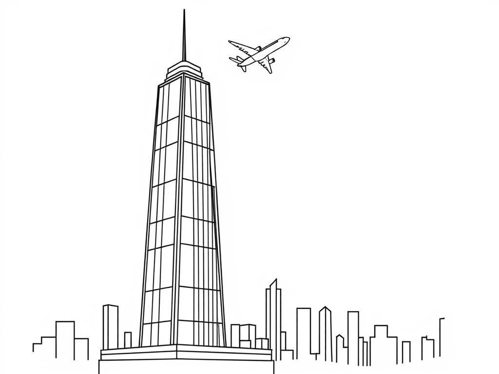 Preview of Two skyscraper towers in a cityscape. An airplane flying towards one of the towers.