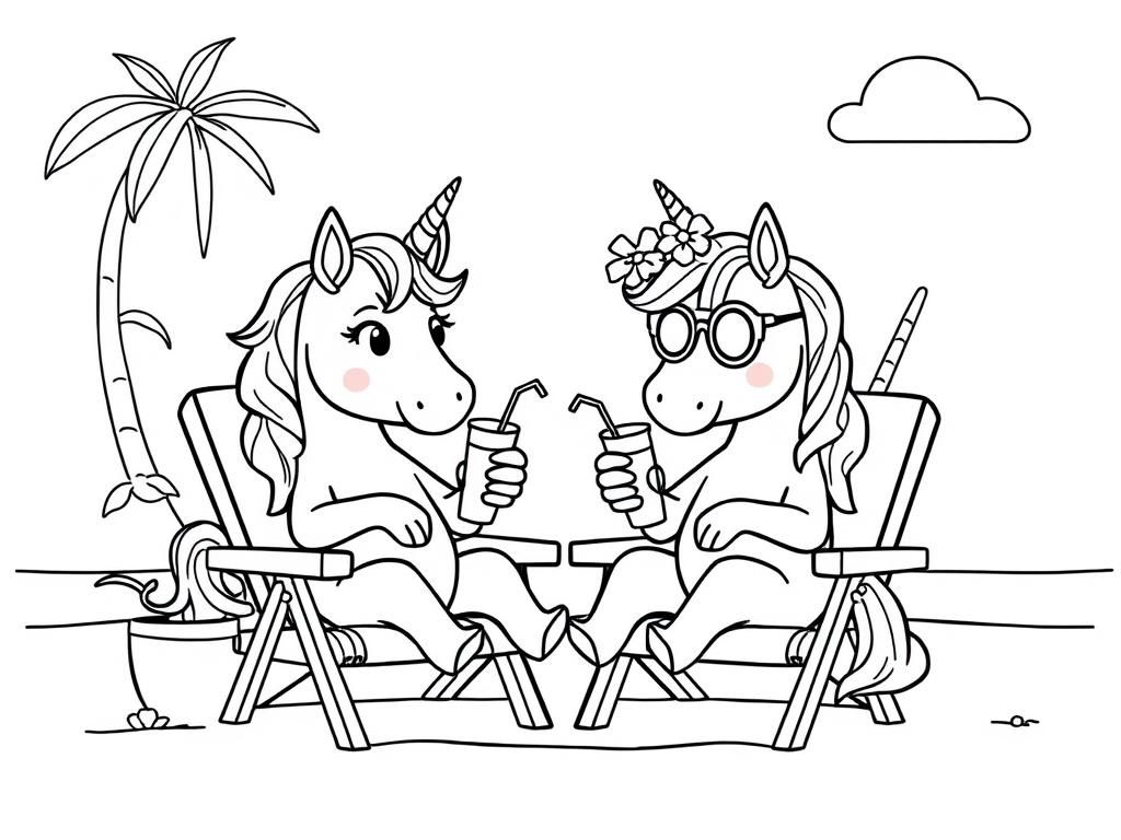 Preview of Two unicorns sitting on a beach, reclining in chairs and enjoying tropical drinks