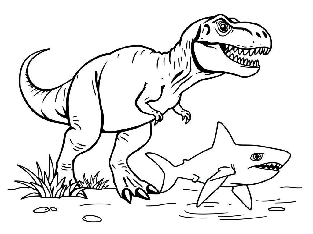 T-Rex Meets Shark Coloring Page