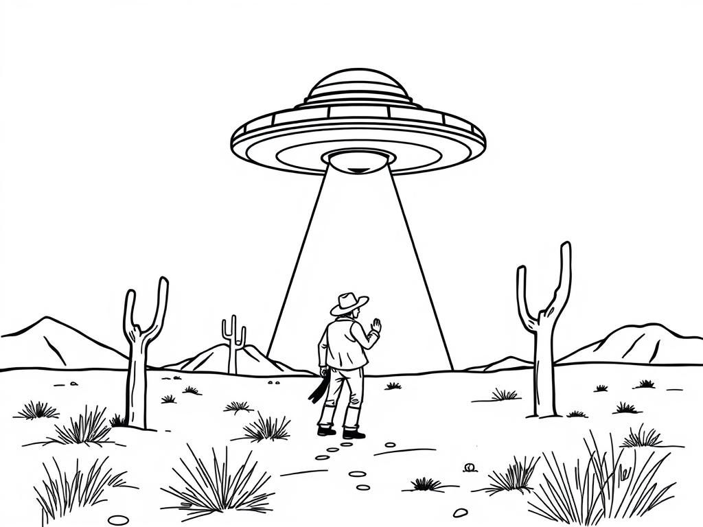 UFO in the Desert Coloring Page for Adults and Kids - Fun and Challenging Art Activity