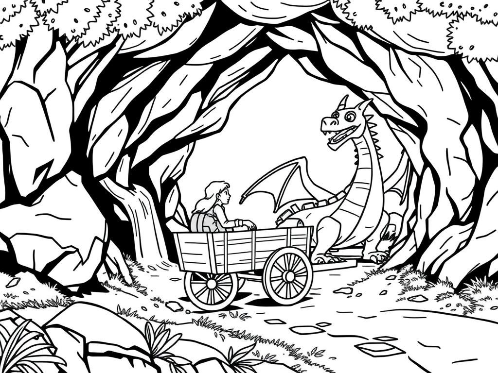 Preview of un wagon et qui passe sous une cascade, qui rentre dans une grotte et qui rencontre un gros dragon