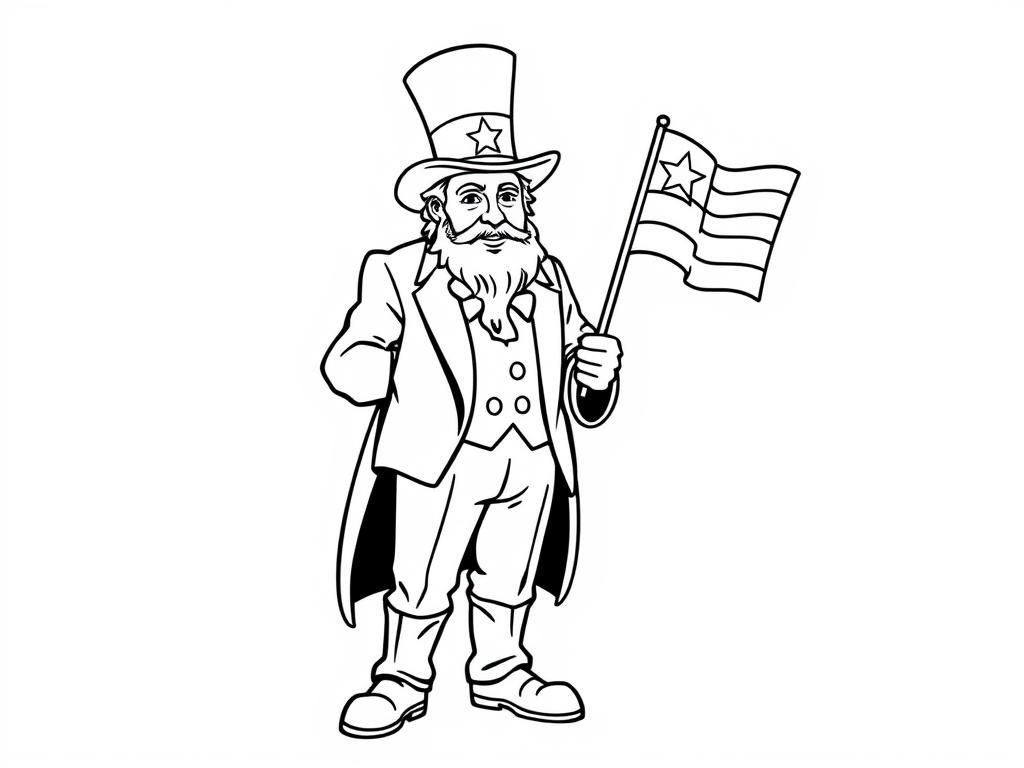 Uncle Sam is standing and holding a small flag