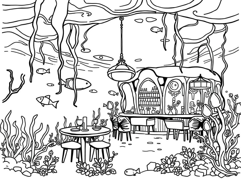 Underwater Restaurant Ocean Coloring Page
