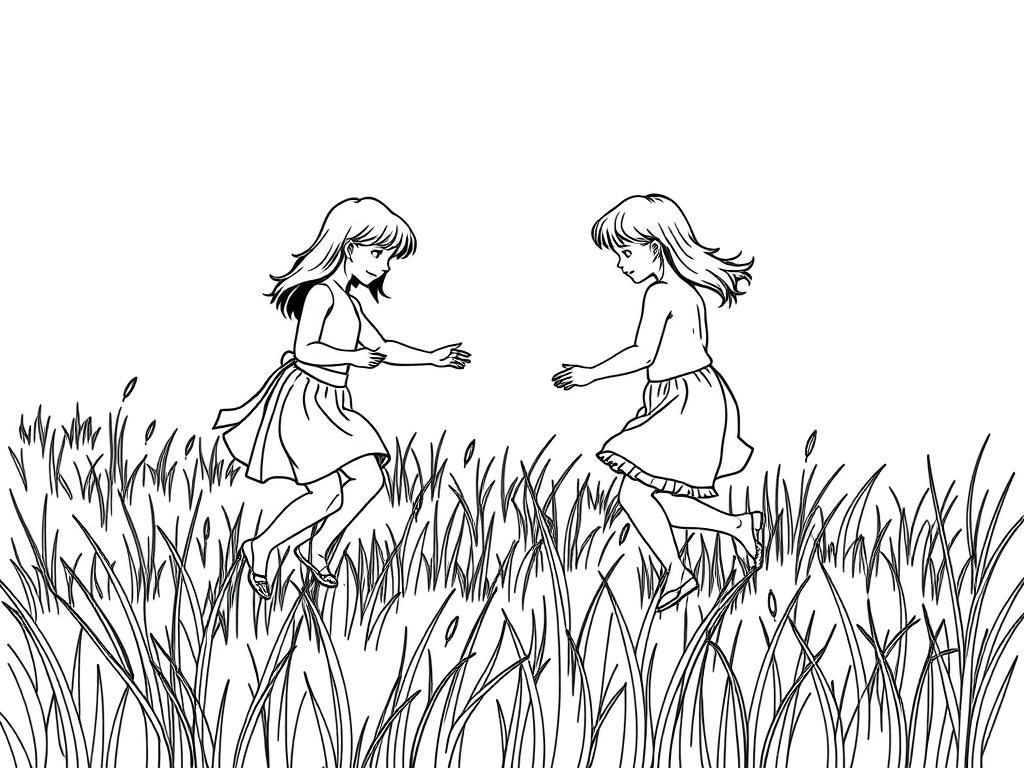 undressed girls playing in a field