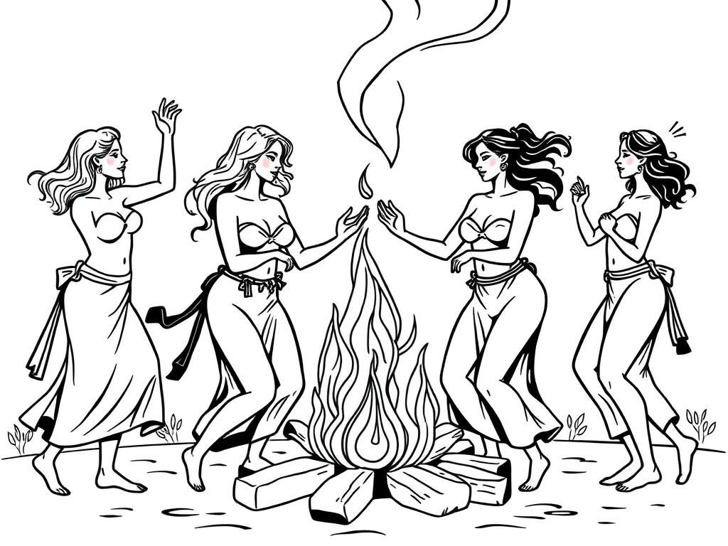 undressed women dancing around a fire