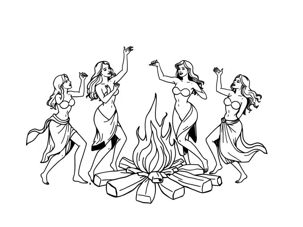 undressed women dancing around a fire