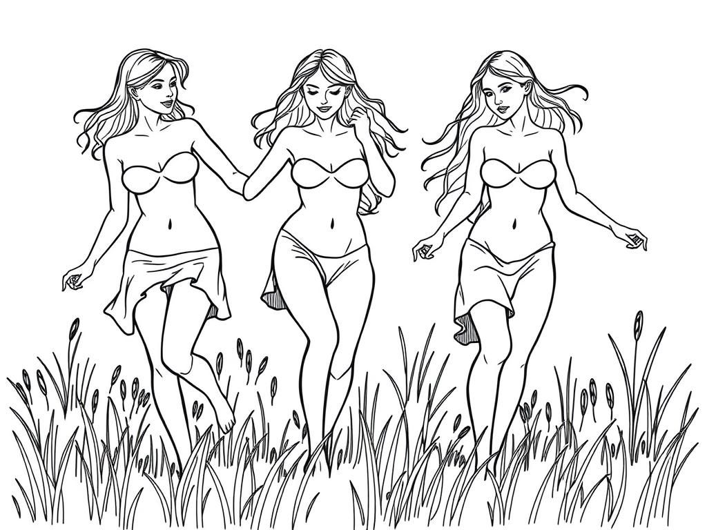 undressed women playing in a field