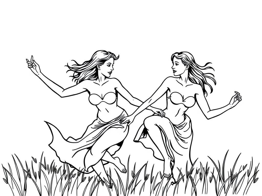 undressed women playing in a field