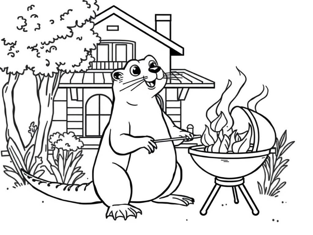 Preview of Une loutre qui fait un barbecue devant une villa