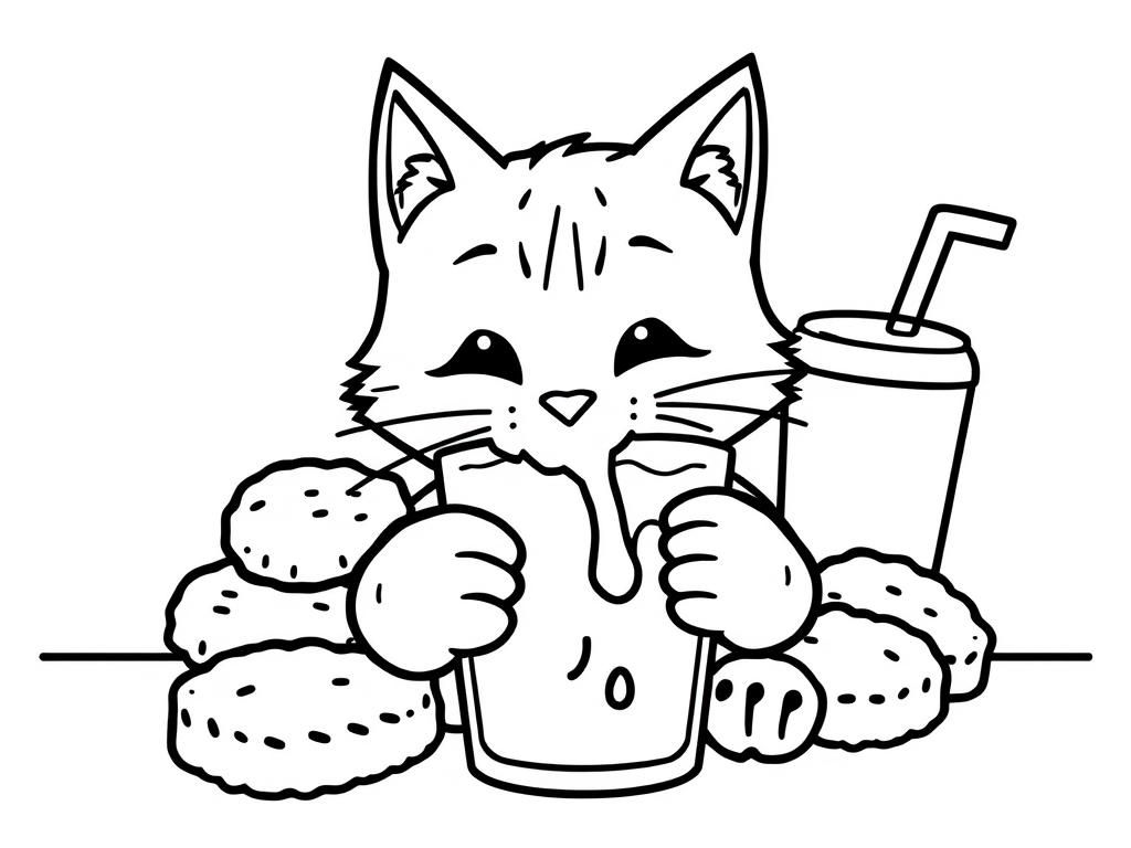unicat eating nuggets and drinking milkshake