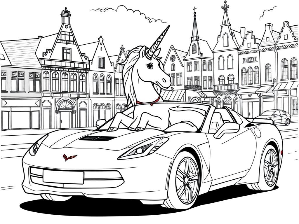 Preview of Unicorn driving a Corvette in a Belgian city