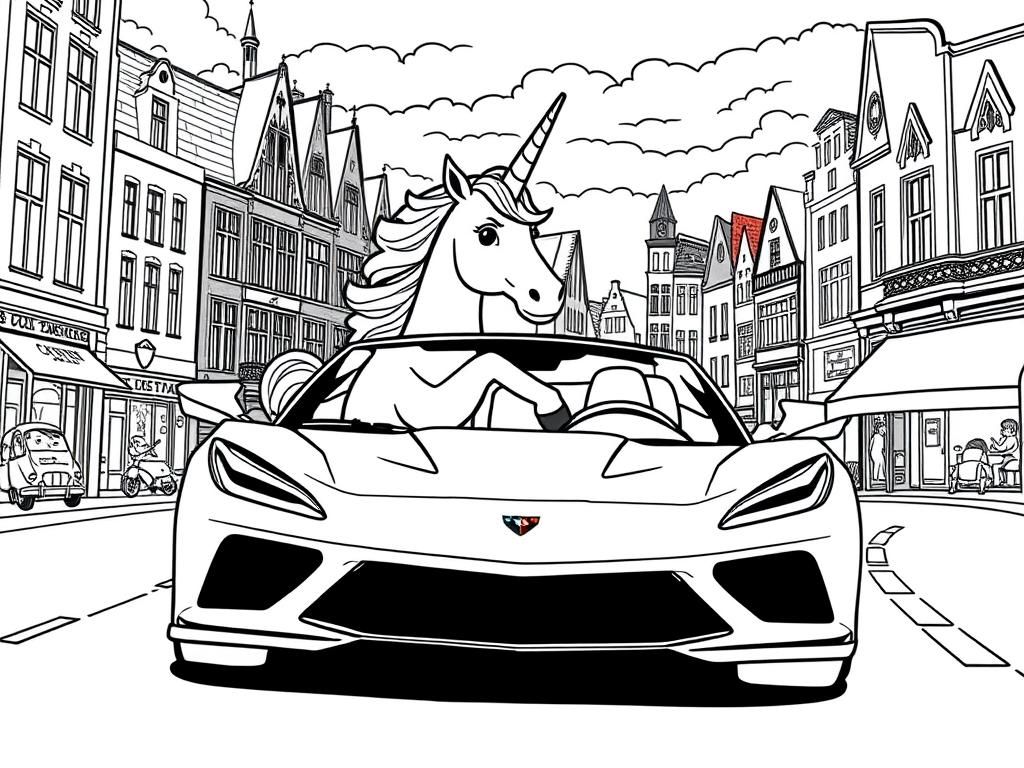 Unicorn driving a Corvette in a Belgian city