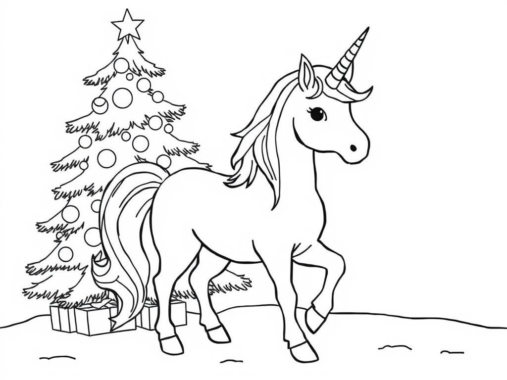 Unicorn in front of christmas tree