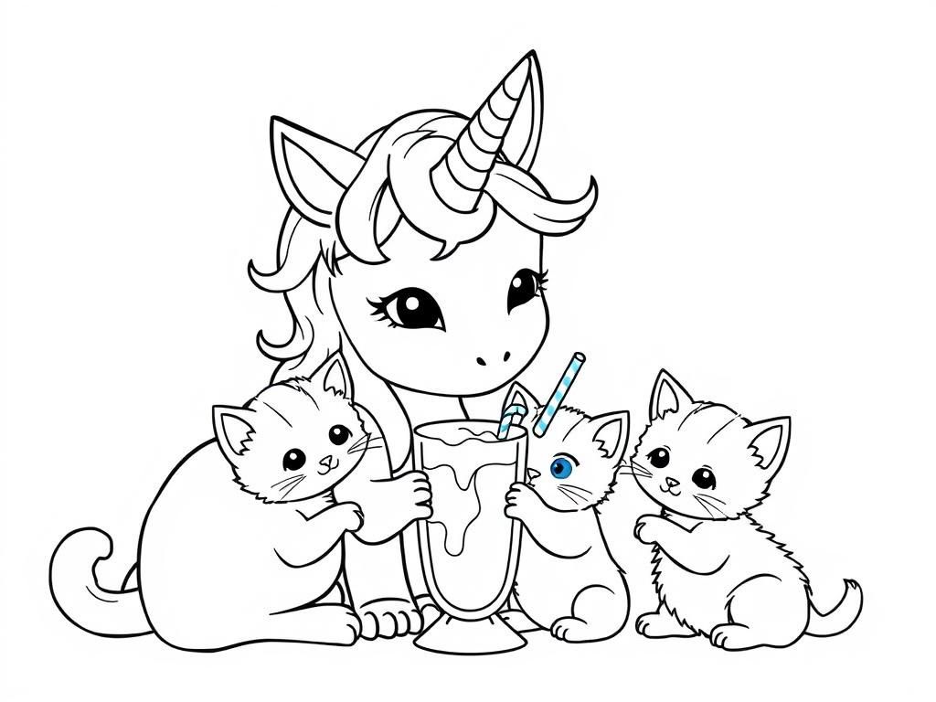 unicorn mix with cat next to baby cats drinking milkshake - Free Printable Coloring Page