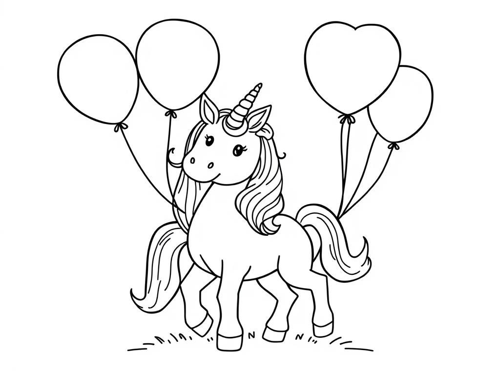 Unicorn with Heart-Shaped Balloons Coloring Page