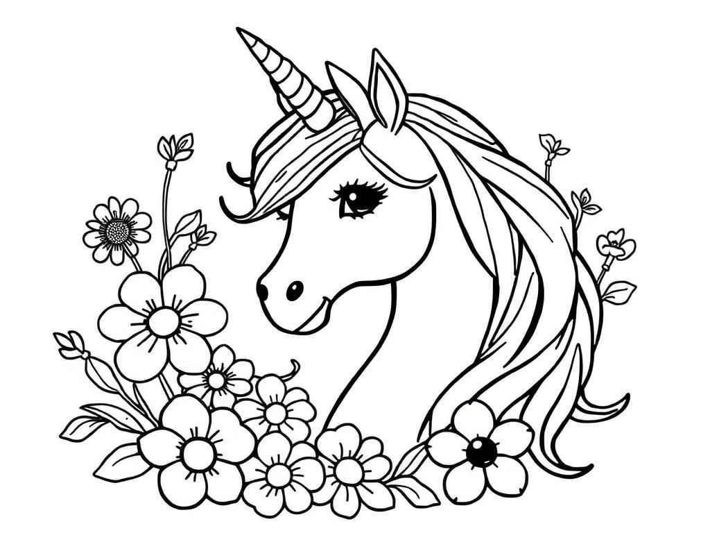 Unicorn Coloring Page with Flowers