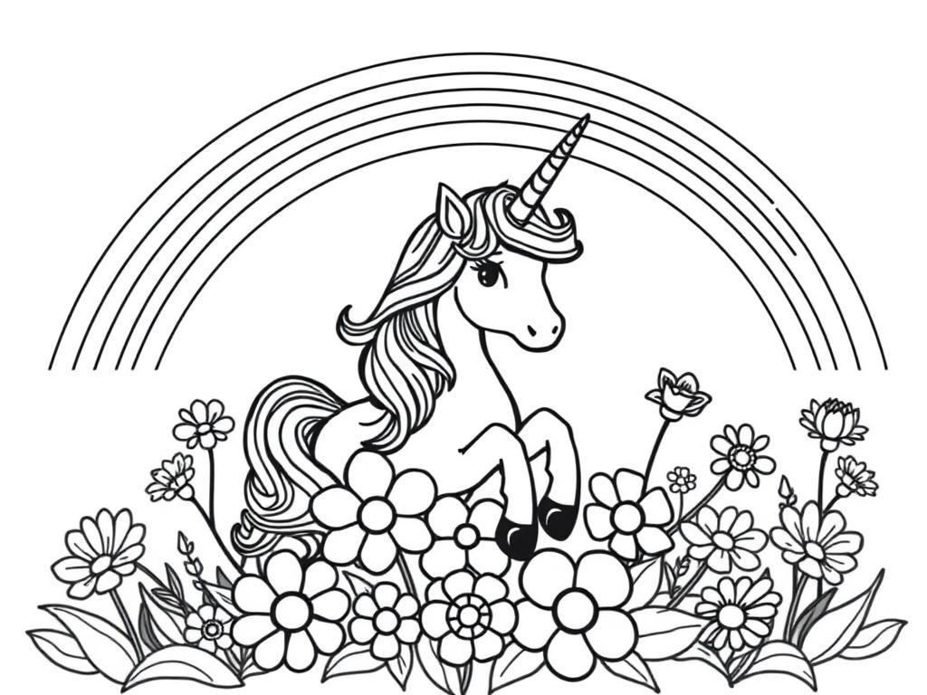 Preview of unicorn with many big flowers and rainbow