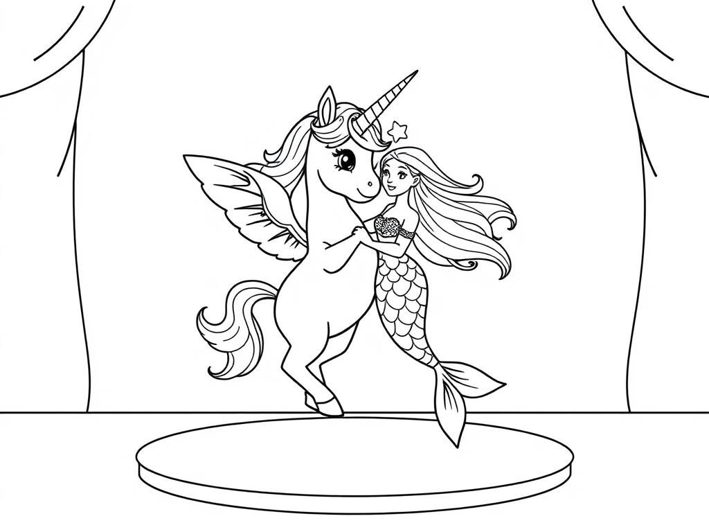 unicorn with wings and sparkly eyes dancing with a mermaid on a stage - Free Printable Coloring Page