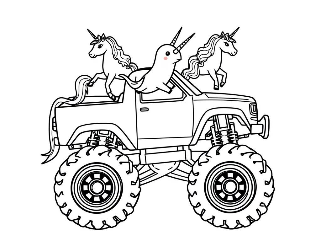 Unicorn and Narwhal Monster Truck Coloring Page