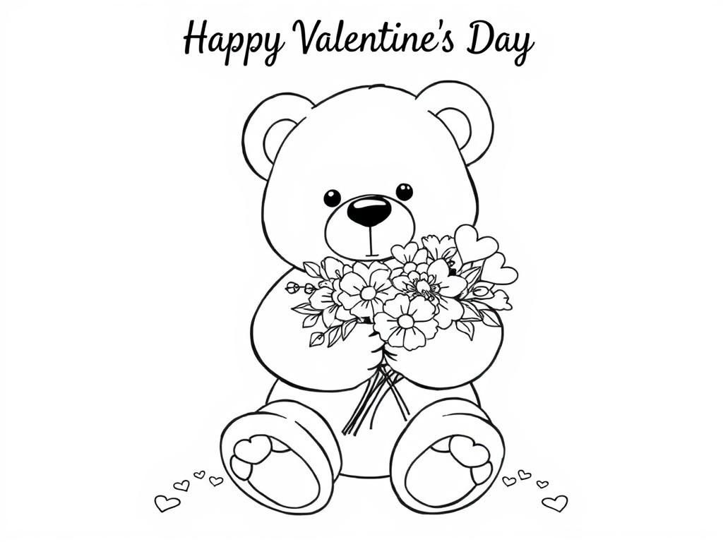 Valentine coloring pages with a huge teddy bear holding a bouquet of flowers. At the top it says "Happy Valentines Day" - Valentines Day Coloring Page