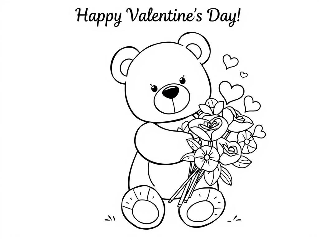 Valentine coloring pages with a teddy bear holding a bouquet of flowers. At the top it says "Happy Valentines Day" - Valentines Day Coloring Page