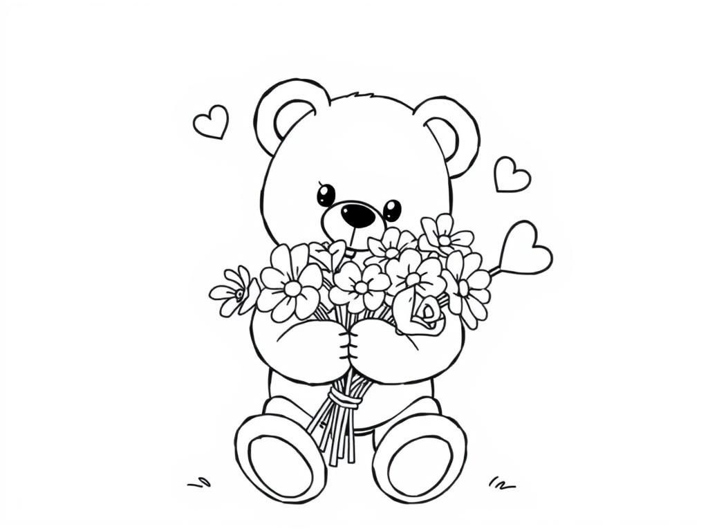 Preview of Valentine coloring pages with a teddy bear holding a bouquet of flowers