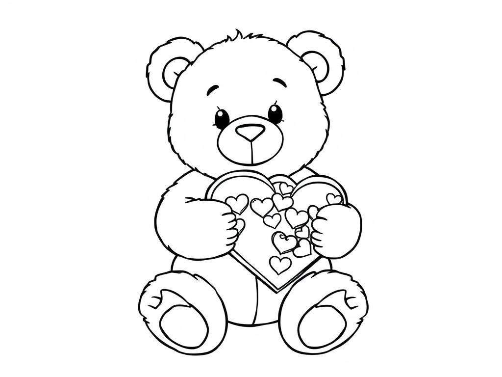 Valentine coloring pages with a teddy bear holding a heart-shaped box of chocolates - Valentines Day Coloring Page