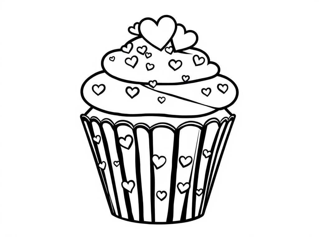 Valentines coloring page of a love-themed cupcake decorated with tiny hearts and swirls. - Valentines Day Coloring Page