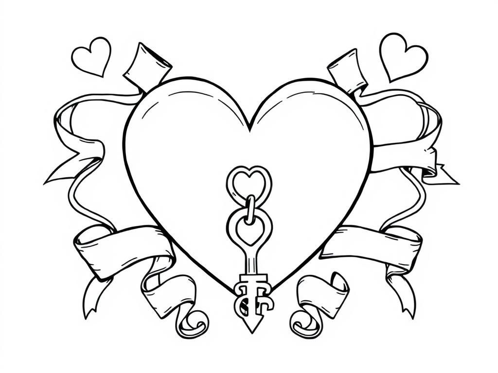 Preview of Valentines coloring sheet featuring a heart-shaped lock with a matching key surrounded by ribbons.