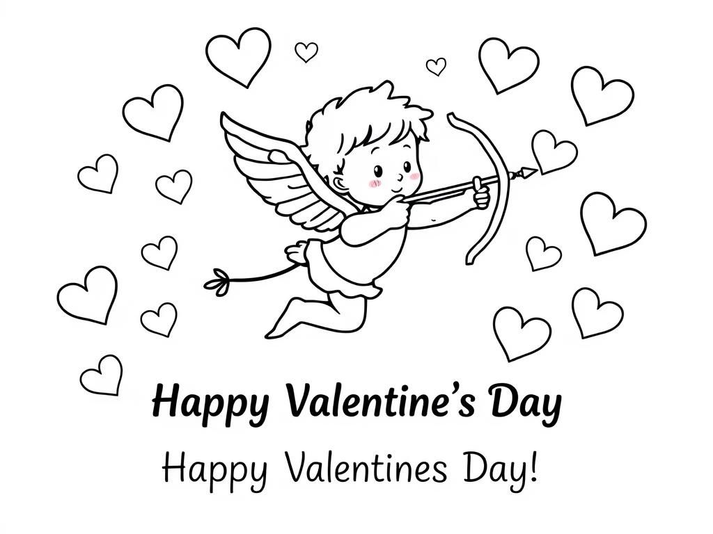 Valentines Day coloring page featuring a cute cupid flying with a bow and arrow, surrounded by floating hearts. At the bottom it says "Happy Valentines Day" - Valentines Day Coloring Page