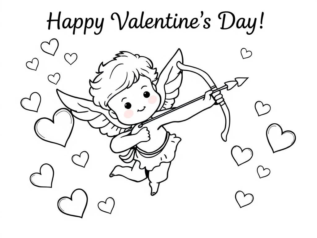 Preview of Valentines Day coloring page featuring a cute cupid flying with a bow and arrow, surrounded by floating hearts. At the top it says "Happy Valentines Day"