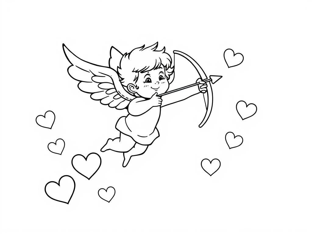 Preview of Valentines Day coloring page featuring a cute cupid flying with a bow and arrow, surrounded by floating hearts.