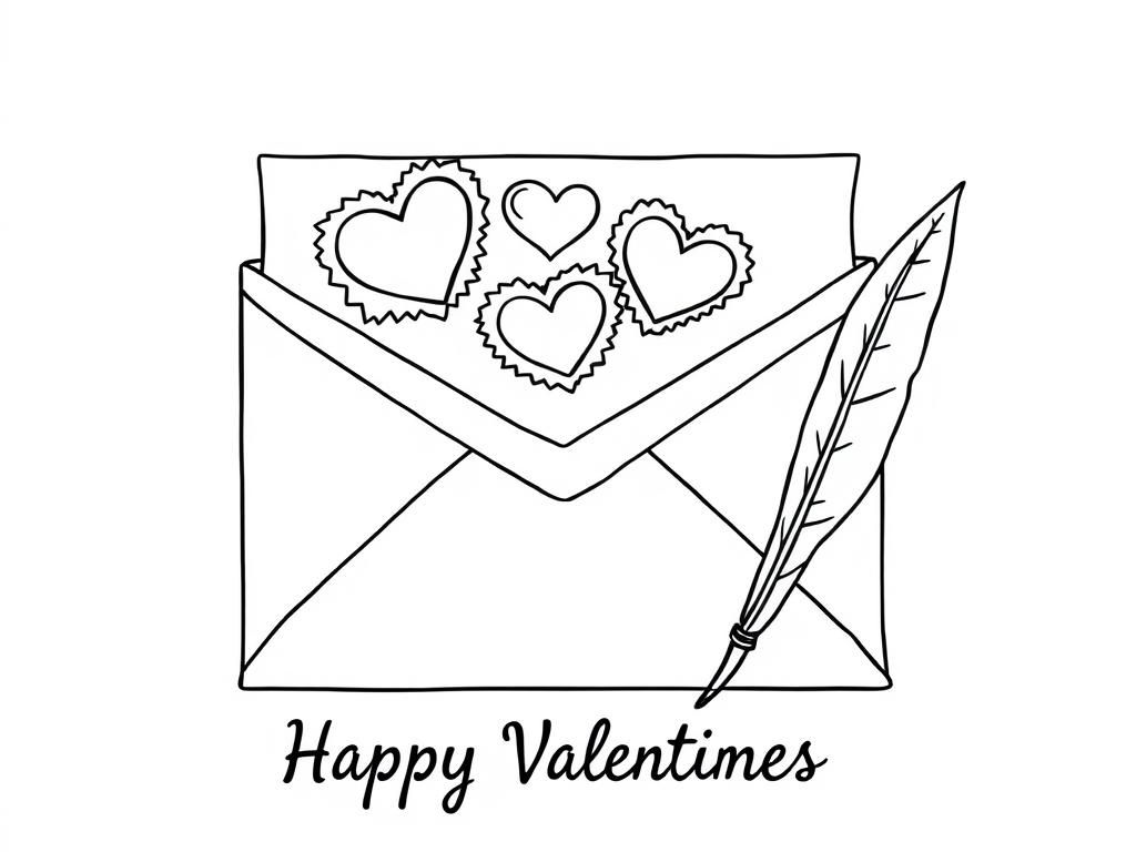 Preview of Valentines Day coloring page featuring a giant love letter with heart-shaped stamps and a quill pen. At the bottom it says "Happy Valentines Day"