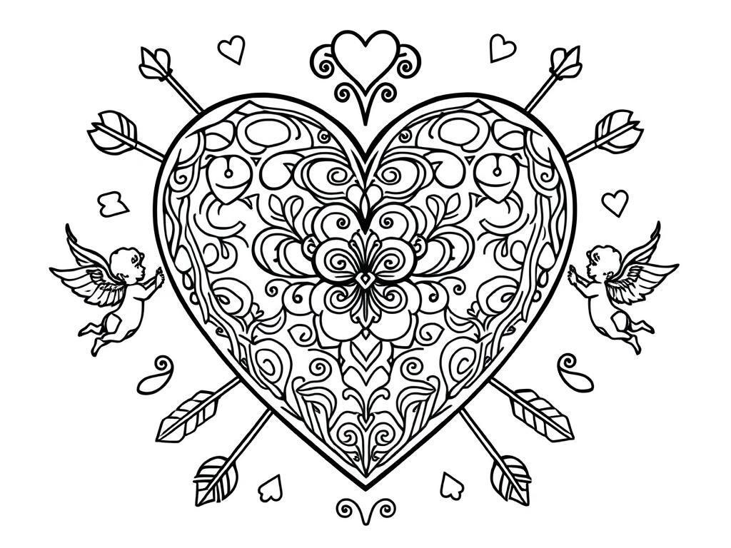 Preview of Valentines Day coloring page featuring a large heart with intricate patterns, surrounded by cupids and arrows.