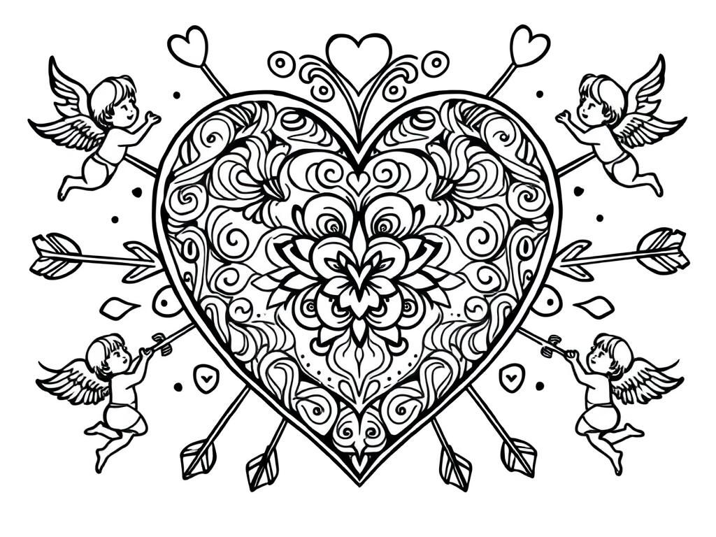 Valentines Day coloring page featuring a large heart with intricate patterns, surrounded by cupids and arrows. - Valentines Day Coloring Page