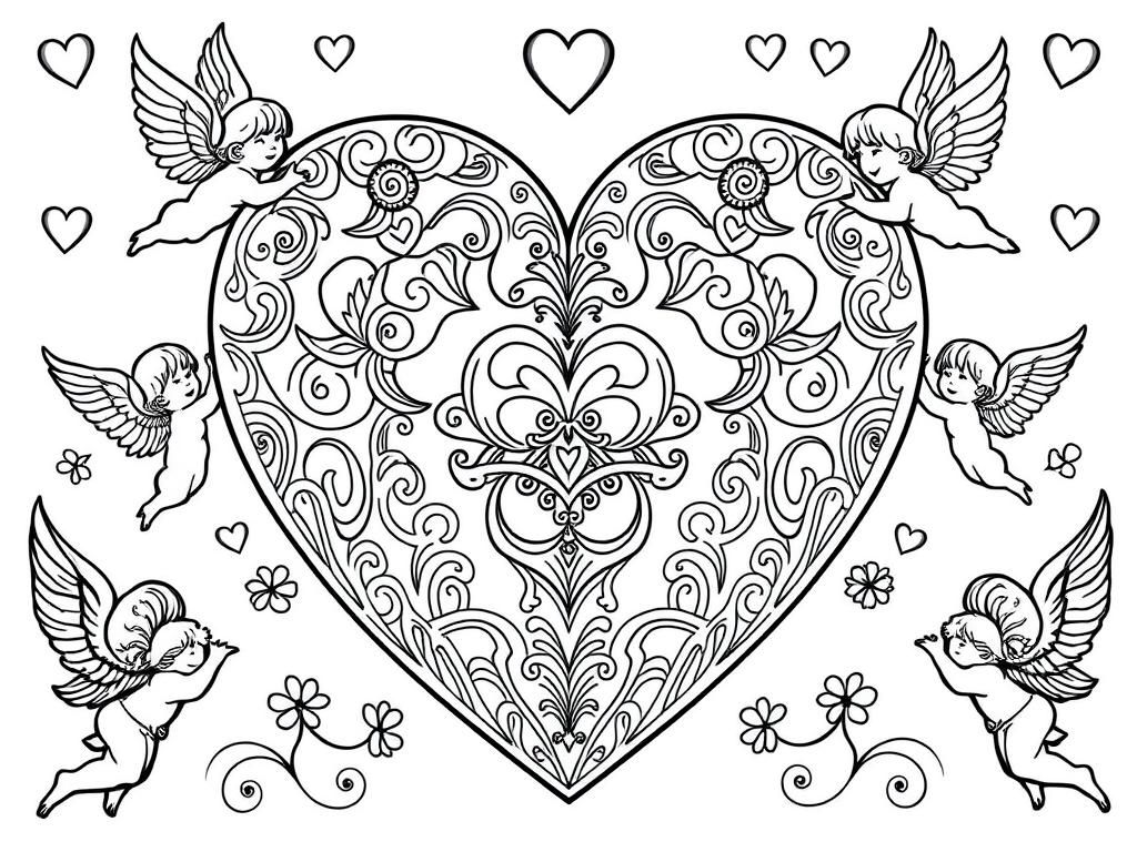 Preview of Valentines Day coloring page featuring a large heart with intricate patterns, surrounded by cupids