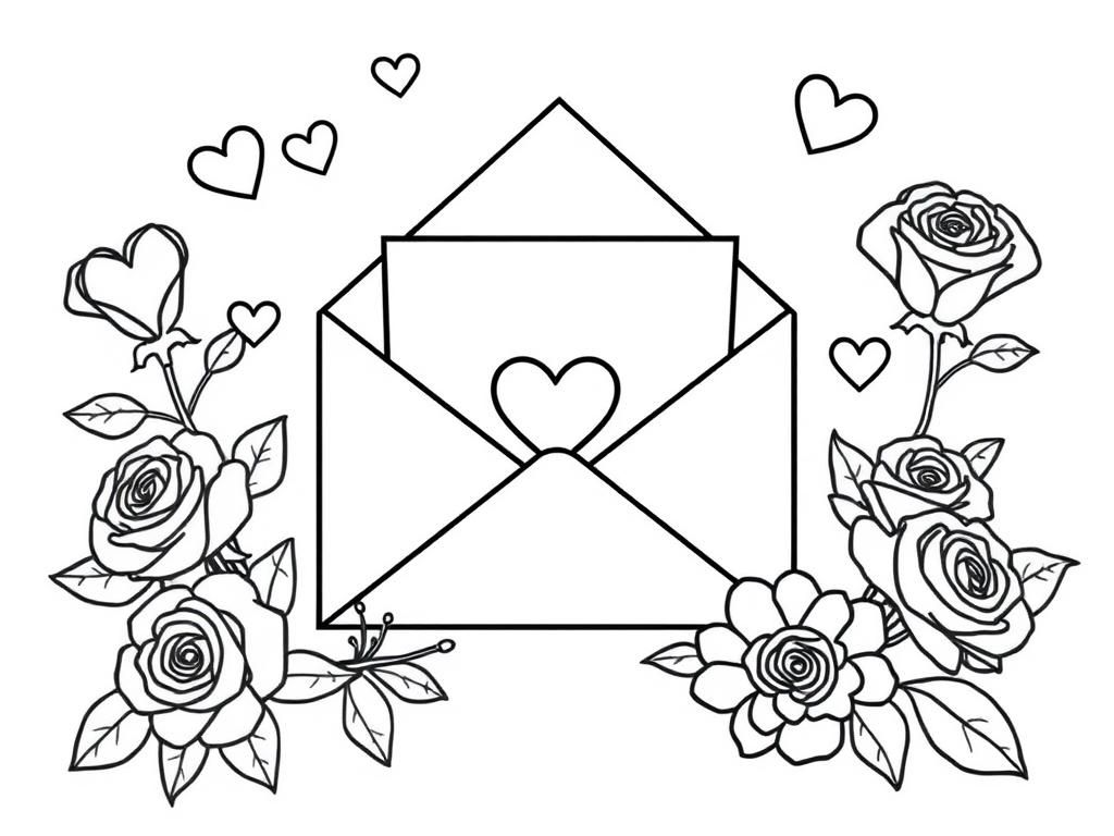 Valentines Day coloring page featuring an envelope with a love letter inside, surrounded by roses and hearts. - Valentines Day Coloring Page