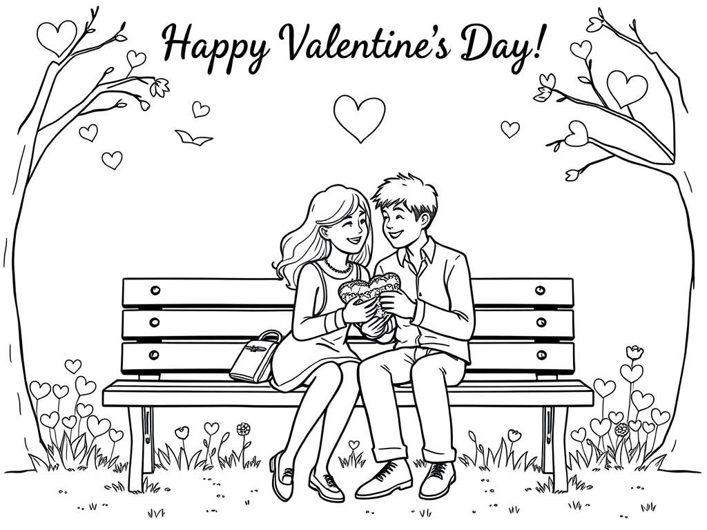 Preview of Valentines Day coloring page of a couple sitting on a park bench, sharing a box of chocolates. At the top it says "Happy Valentine's Day"