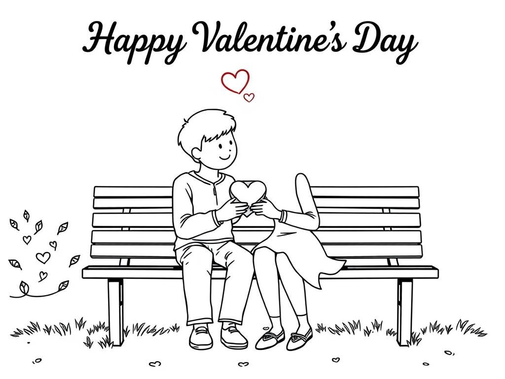 Valentines Day coloring page of a couple sitting on a park bench, sharing a box of chocolates. At the top it says "Happy Valentine’s Day" - Valentines Day Coloring Page