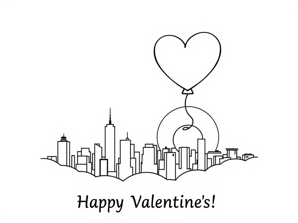 Preview of Valentines Day coloring page of a heart-shaped balloon floating above a cityscape at sunset. At the bottom it says "Happy Valentines Day"