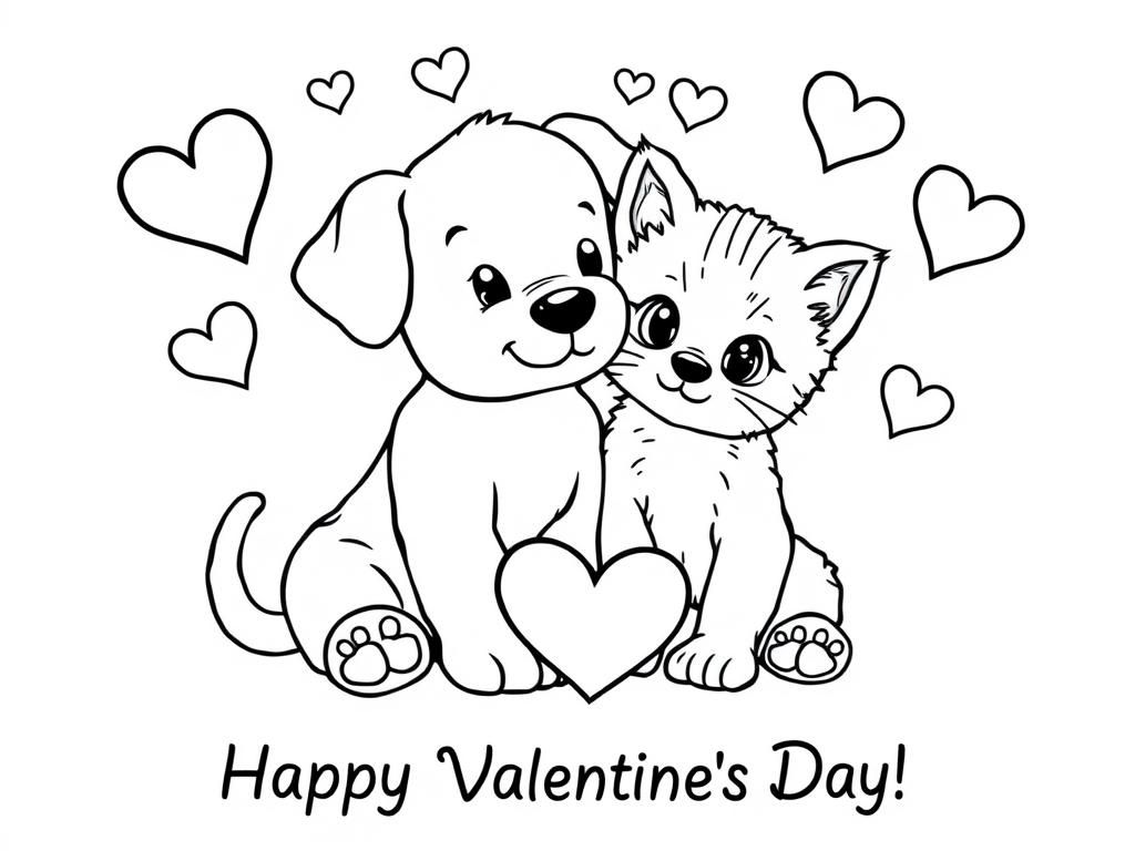 Valentines Day coloring page of a puppy and kitten sitting together, surrounded by love hearts. At the bottom it says "Happy Valentines Day" - Free Printable Coloring Page