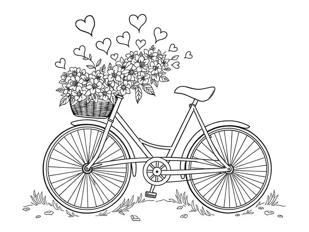 Valentines Day coloring page of a vintage bicycle with a basket full of flowers and hearts floating around. - Valentines Day Coloring Page