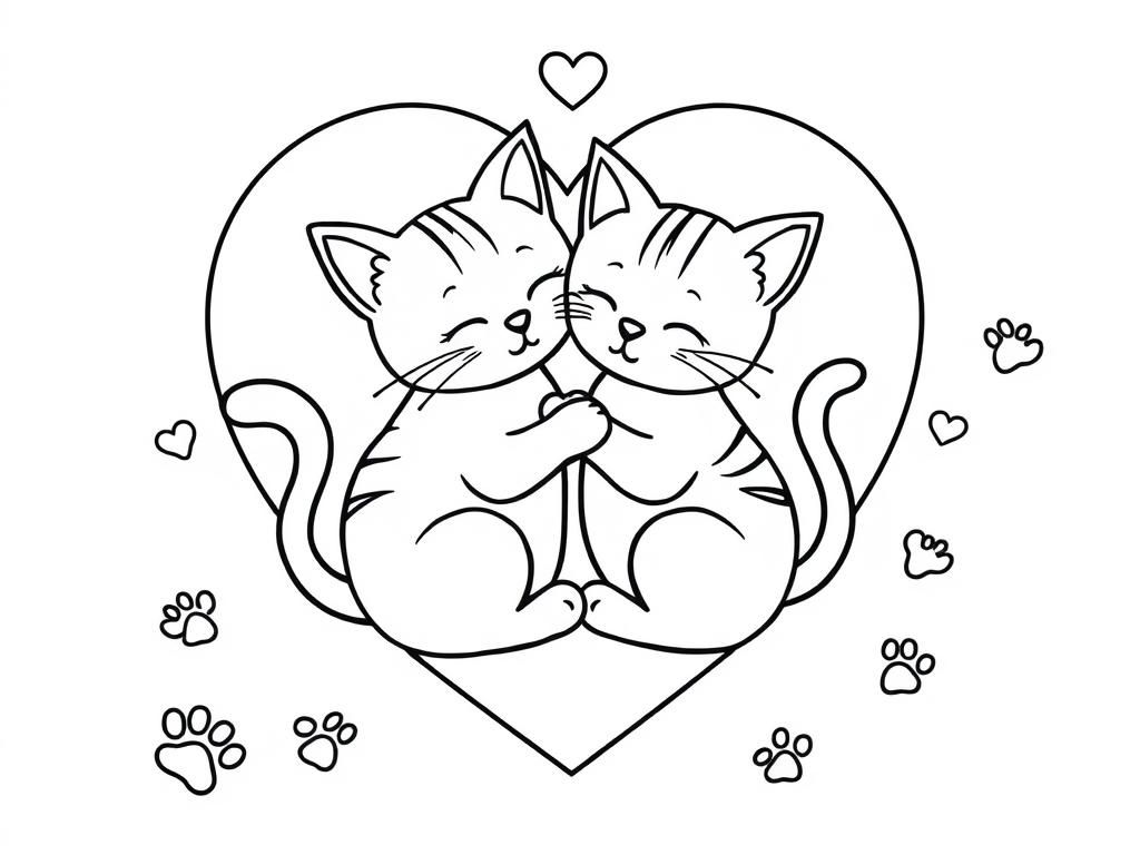 Valentines Day coloring page of two cats cuddling inside a big heart, with paw prints leading to them