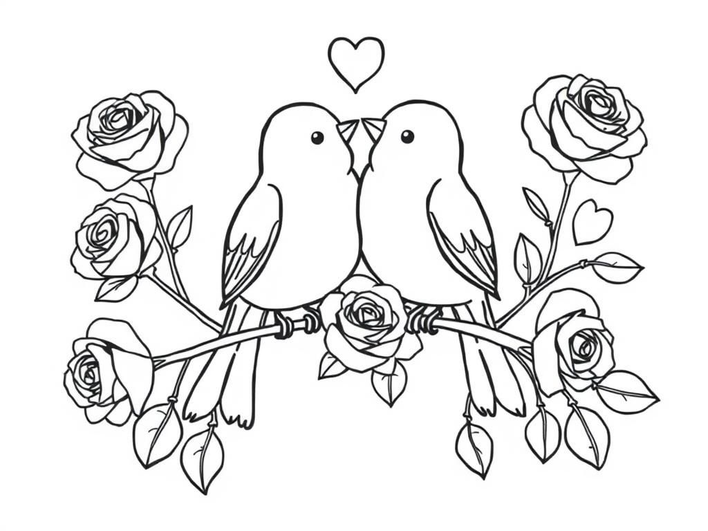 Preview of Valentines Day coloring page of two lovebirds perched on a heart-shaped branch, surrounded by roses.