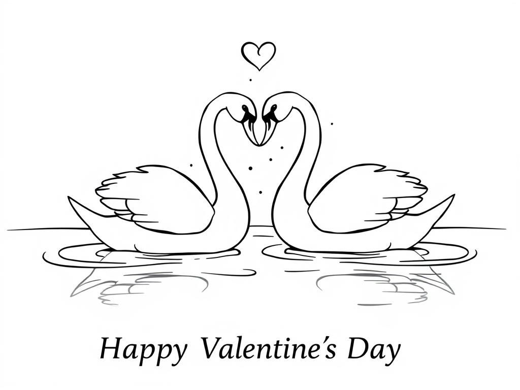 Valentines Day coloring page of two swans forming a heart shape with their necks on a peaceful lake. At the bottom it says "Happy Valentine's Day" - Valentines Day Coloring Page