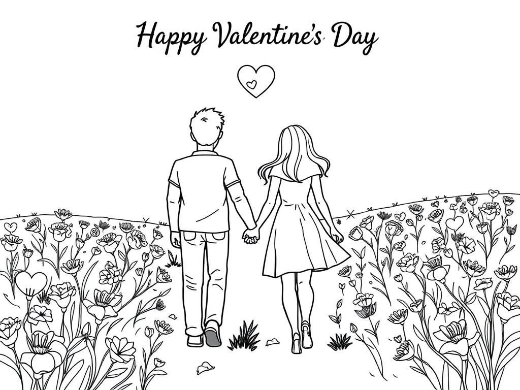 Valentines Day coloring page showing a couple holding hands, walking through a field of flowers.. At the top it says "Happy Valentines Day" - Valentines Day Coloring Page