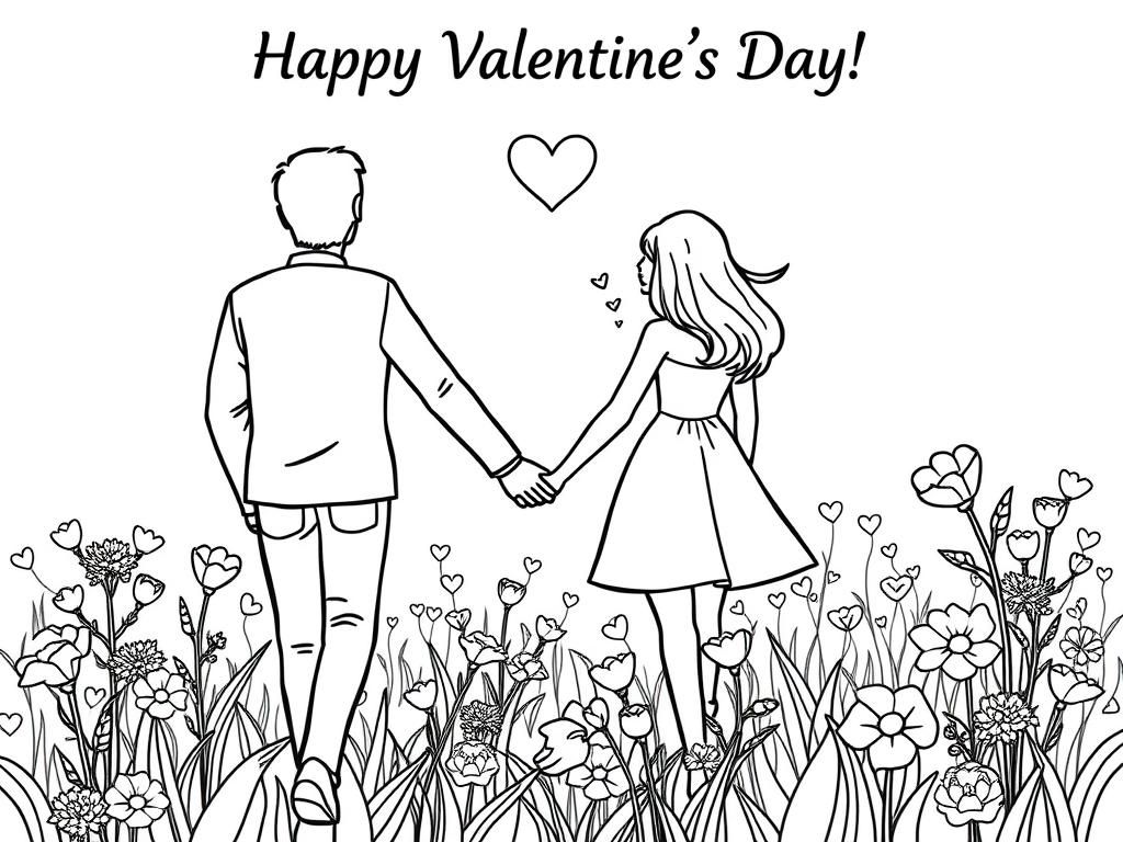 Valentines Day coloring page showing a couple holding hands, walking through a field of flowers.. At the top it says "Happy Valentines Day" - Valentines Day Coloring Page