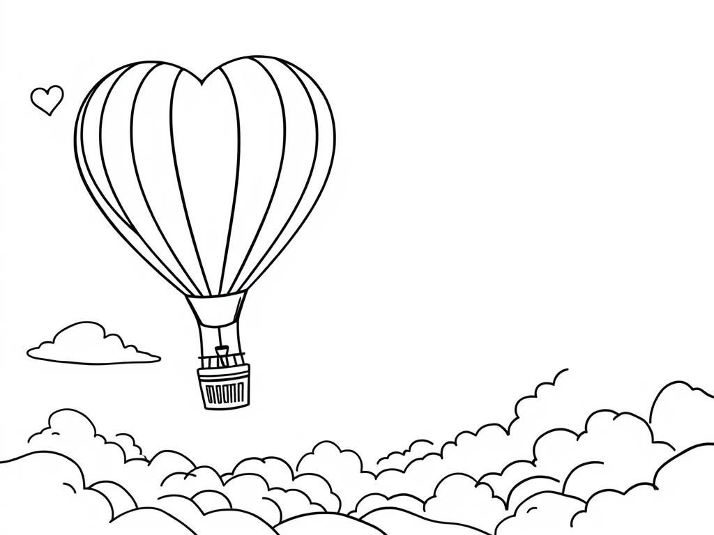 Preview of Valentines Day coloring page showing a giant heart-shaped hot air balloon floating in the sky.