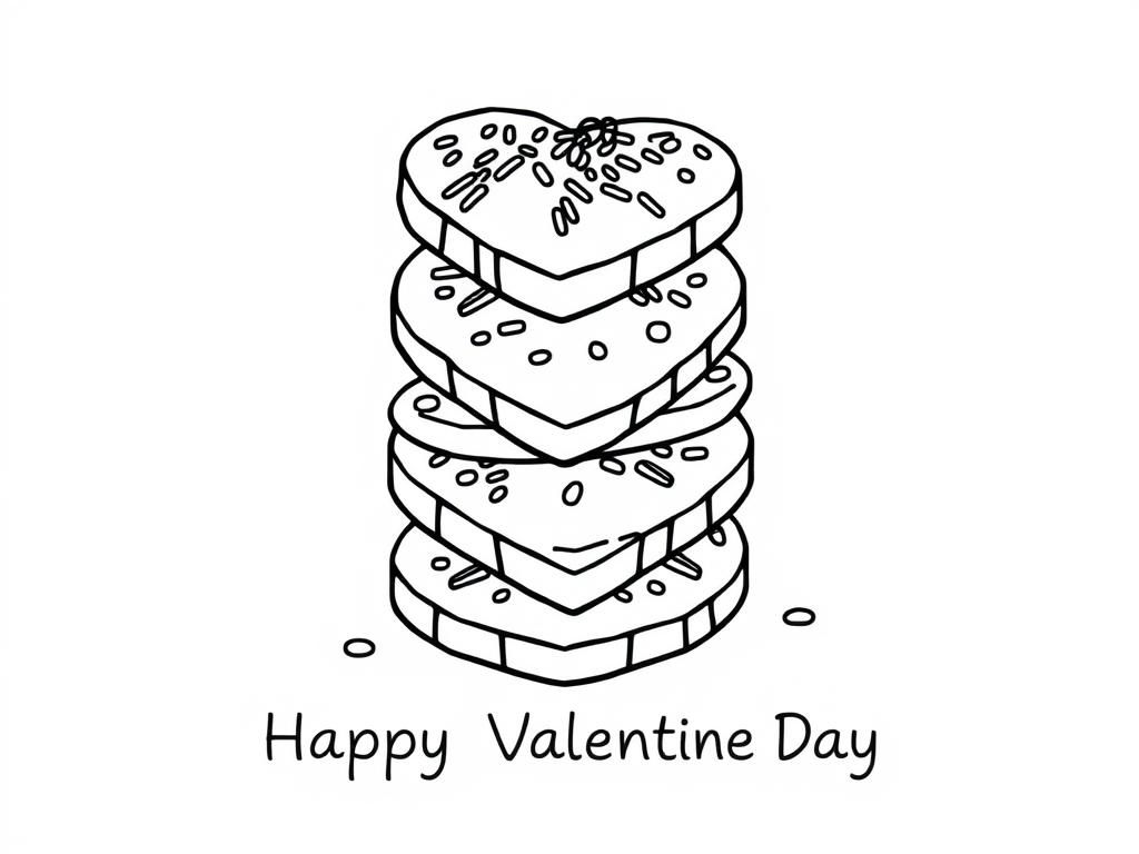 Preview of Valentines Day coloring page showing a stack of heart-shaped cookies with sprinkles and icing. At the bottom it says "Happy Valentines Day"